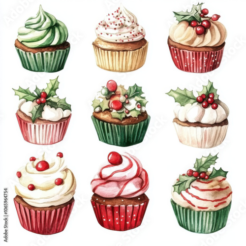 Tasty cupcakes decorated for Christmas party. Watercolor illustration. White background.