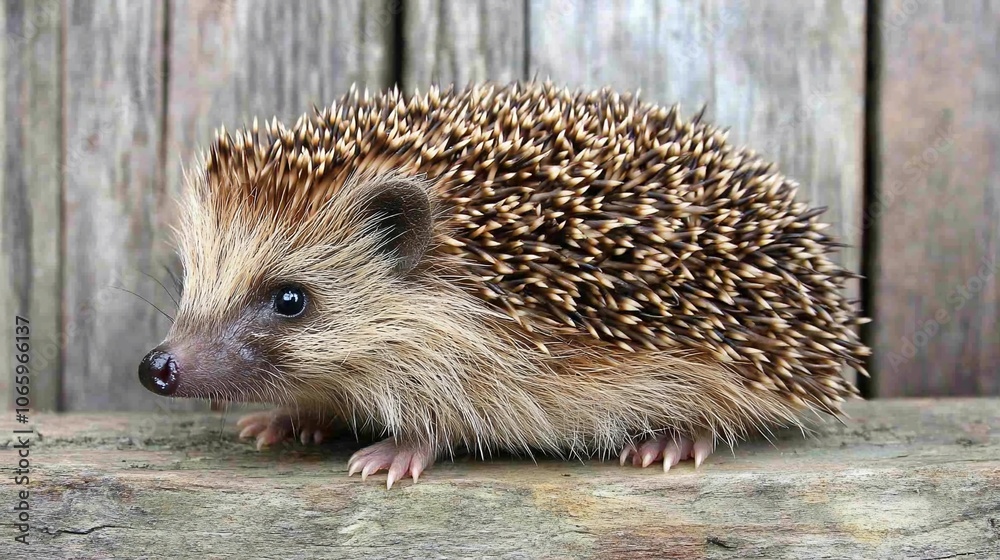 Obraz premium A cute hedgehog with brown and white spines stands on a wooden surface.