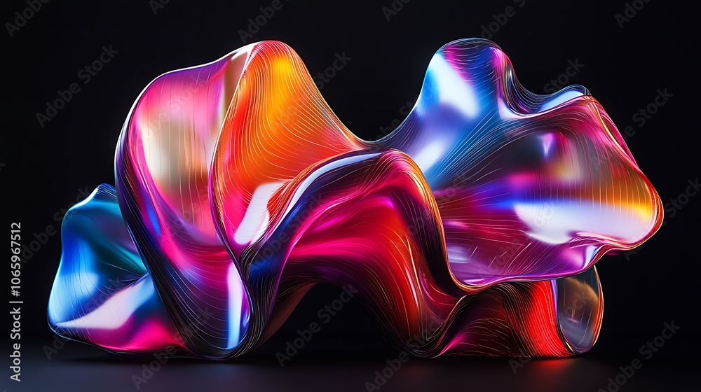 Obraz premium Flowing Metallic glass Waves in Neon Blue and Pink on Dark Background - Abstract Design Concept