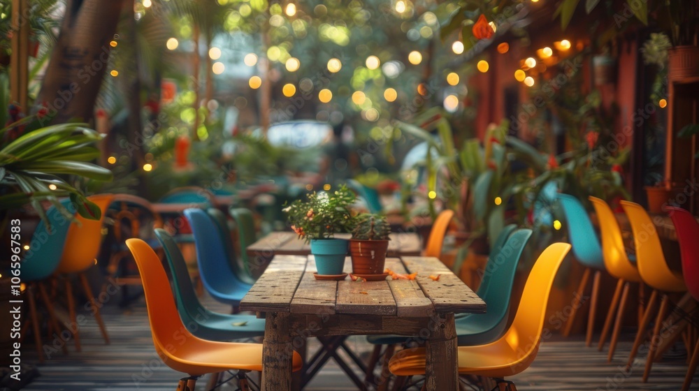 Obraz premium Outdoor cafe with colorful chairs