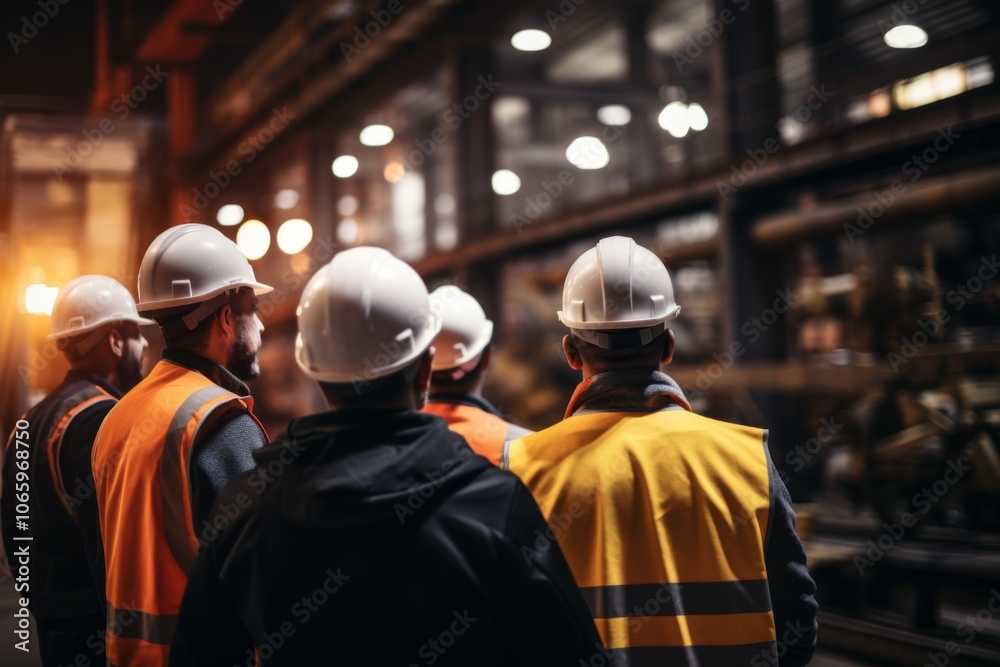 Factory employees having safety meeting in the factory Factory employees having safety meeting in the factory