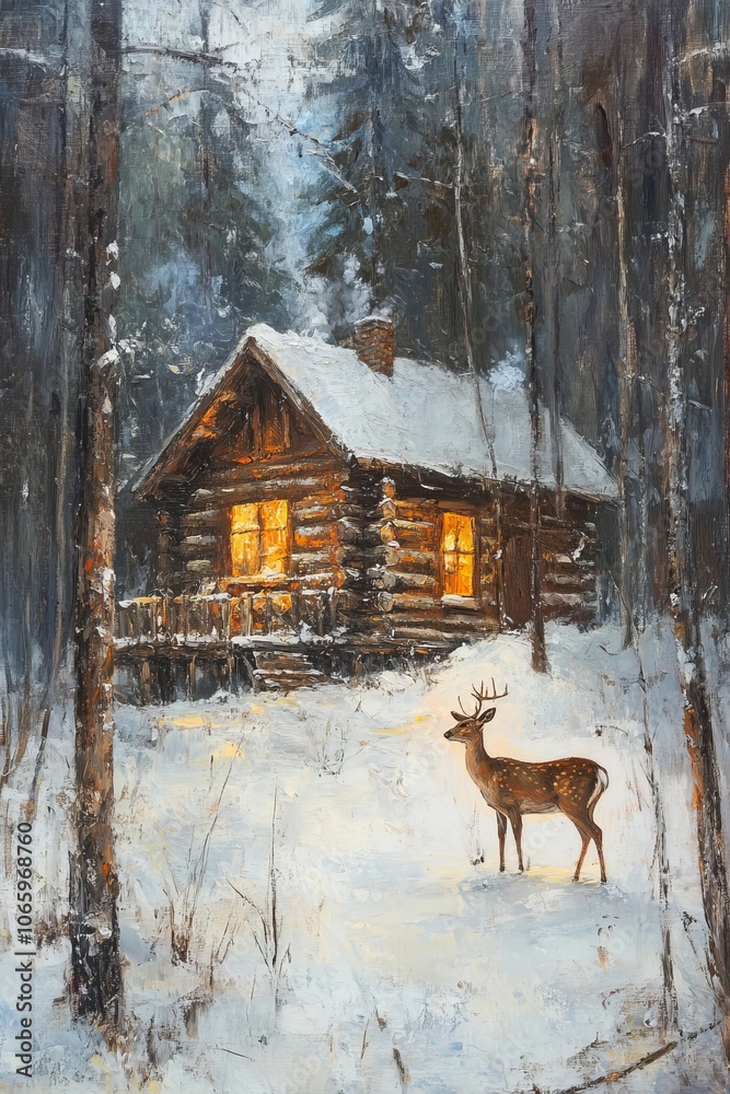 Realistic oil painting on silk-textured canvas of a cozy log cabin in a ...