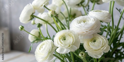 White ranunculus flowers against a blurred background, natural scenery, pastel colors, spring blooms