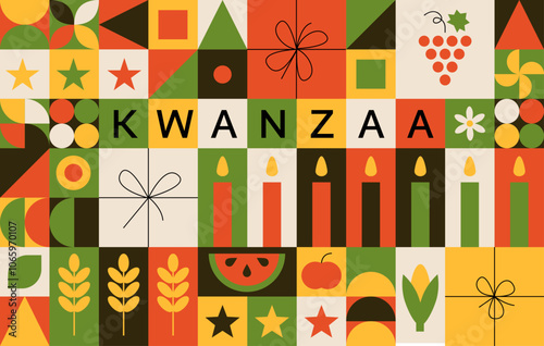 Kwanzaa holiday red, green, black candles, fruits, flowers, gift boxes. Holiday celebration. African design