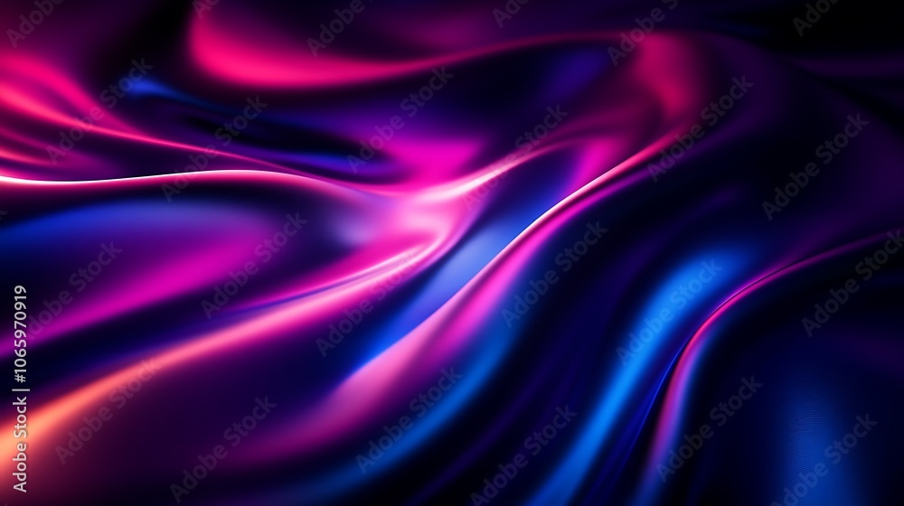 Flowing Metallic glass Waves in Neon Blue and Pink on Dark Background - Abstract Design Concept