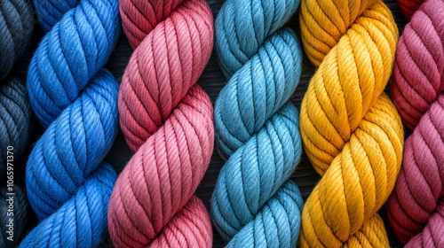 close-up of colorful, entangled ropes symbolizes complex problem-solving and creativity. The intricate knots represent challenges, while the vibrant colors convey energy and optimism in overcoming obs photo