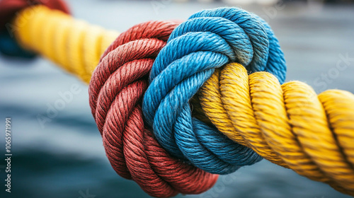 close-up of colorful, entangled ropes symbolizes complex problem-solving and creativity. The intricate knots represent challenges, while the vibrant colors convey energy and optimism in overcoming obs photo