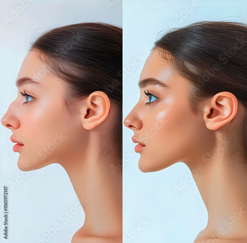 Portrait of a girl before and after rhinoplasty, splitscreen, comparison photo