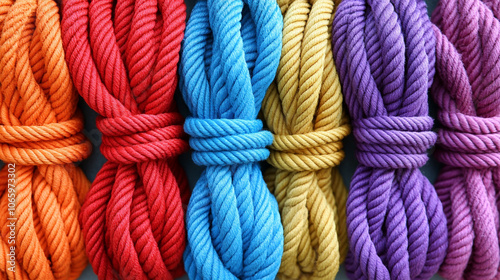 close-up of colorful, entangled ropes symbolizes complex problem-solving and creativity. The intricate knots represent challenges, while the vibrant colors convey energy and optimism in overcoming obs photo