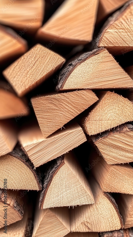 Fototapeta premium A neatly arranged pile of cut firewood showcases sharp edges and detailed textures, illuminated by gentle lighting to enhance its beauty