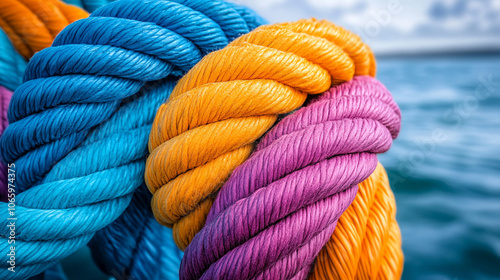 close-up of colorful, entangled ropes symbolizes complex problem-solving and creativity. The intricate knots represent challenges, while the vibrant colors convey energy and optimism in overcoming obs photo