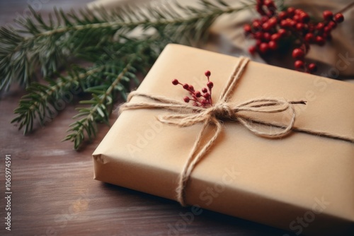 Above view of a Christmas present wrapped in kraft paper