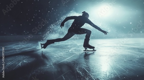 A figure skater glides across the ice, leaving a trail of water in their wake. The athlete is captured in a dynamic pose, showcasing the grace and power of the sport.