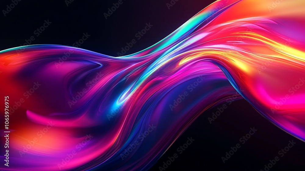 Fototapeta premium Flowing Metallic glass Waves in Neon Blue and Pink on Dark Background - Abstract Design Concept