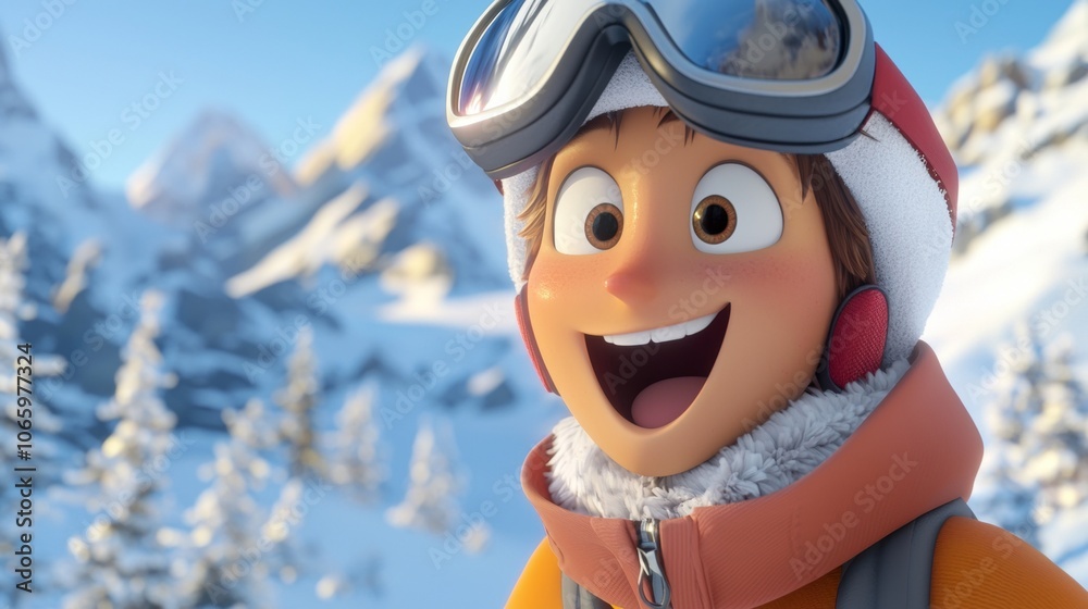 Cheerful child with ski goggles is expressing joy in a stunning snowy mountain landscape, enjoying the winter atmosphere Cheerful child with ski goggles is expressing joy in a stunning snowy mountain landscape, enjoying the winter atmosphere
