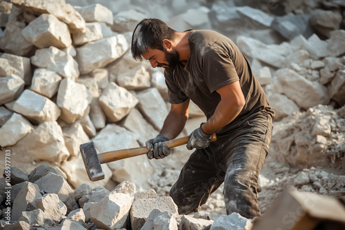 Man breaking rocks with a sledgehammer outdoors..