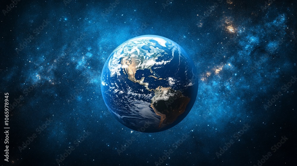 Obraz premium A stunning image of planet Earth from space, showcasing its continents, oceans, and swirling clouds against a backdrop of twinkling stars and cosmic dust.