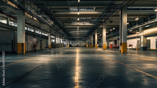 A spacious industrial interior with polished floors and overhead lighting.