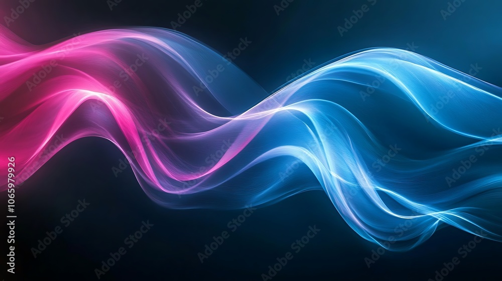 Fototapeta premium Flowing Metallic glass Waves in Neon Blue and Pink on Dark Background - Abstract Design Concept