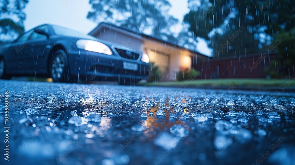 Obraz premium Hailstorm on a rainy street with cars and reflections, capturing the intensity and impact of a severe weather event in an urban setting, Generative AI