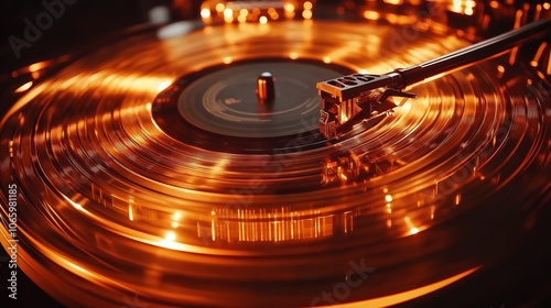 Close-up of Vinyl Record Spinning on Turntable with Warm Golden Light, Evoking Nostalgia, Music, and Vintage Vibes, Generative AI