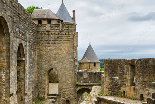 View from inside of the fortified city of Carcasonne. Carcassonne is a medieval castle located in the French city of Carcassonne in Aude Occitanie Southern France photo