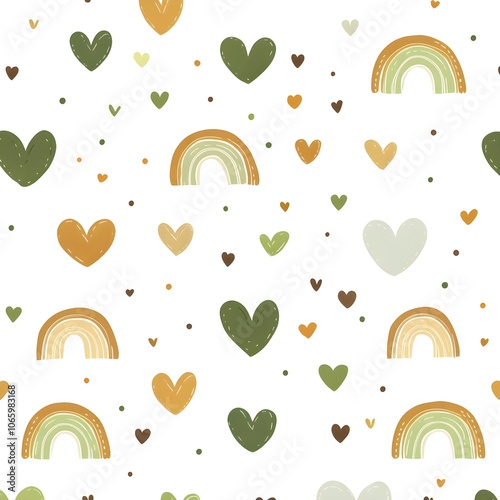 Seamless Pattern of Hearts and Rainbows in Pastel Colors