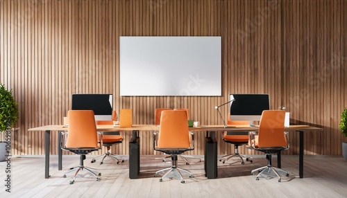 Modern open space office interior with orange chairs and computers on desks, wooden wall background, blank poster on white wall. Concept of business and coworking. 3D Rendering