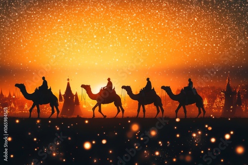 Stunning sunset at a camel racing festival  silhouetted camels against an orange sky with lights photo