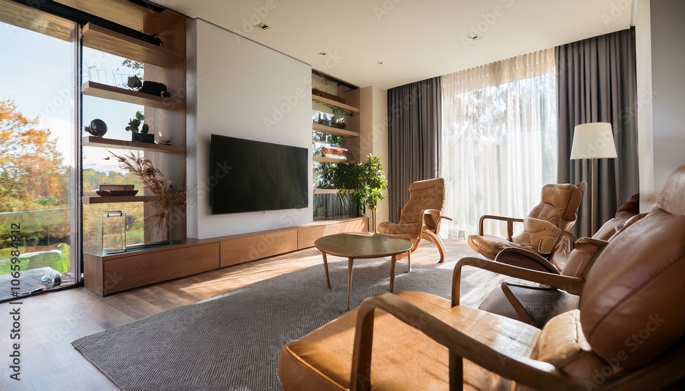 Fototapeta premium Stylish home living room interior with armchairs and tv screen, panoramic window