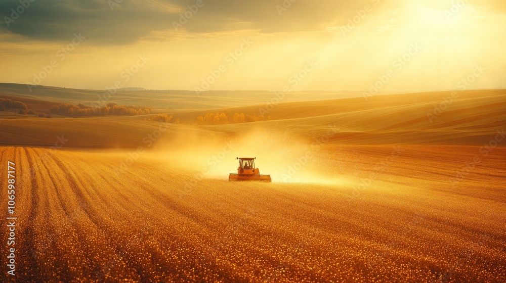 Fototapeta premium Tractor working a field at sunset.