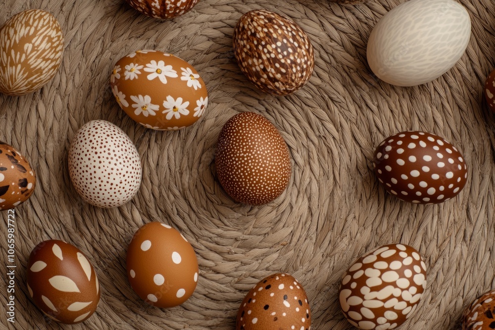 Artisan boho-style Easter eggs in earthy tones arranged beautifully on woven fabric Artisan boho-style Easter eggs in earthy tones arranged beautifully on woven fabric