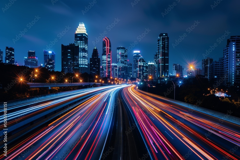 Fototapeta premium photo capturing a bustling city highway at night, adorned with vibrant light trails from vehicles