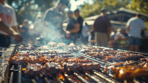 Blurry scene of a largescale barbecue cookoff with competitors and judges buzzing around in the background. photo