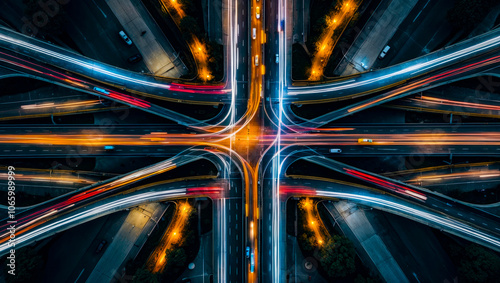 aerial view of a busy metropolitan highway intersection showing a complex network of roads lanes and ramps at night photo