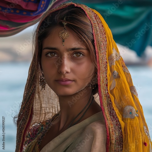 A woman elegantly dressed in colorful traditional clothing stands near a tranquil water setting, epitomizing culture and peace. photo