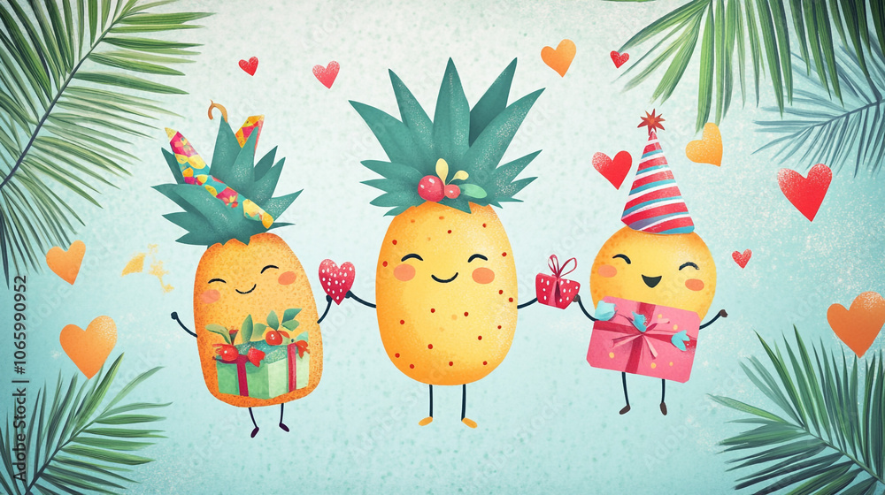 Fototapeta premium Cute Pineapple Friends Celebrate with Gifts and Hearts