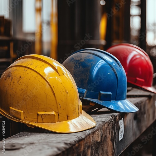 A group of yellow, blue, and red hard hats neatly lined up, representing safety and teamwork in construction settings. photo