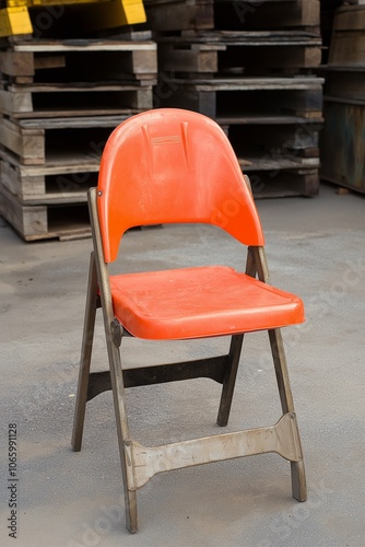 A bright orange folding chair sits on a concrete surface, contrasting with the background of stacked wooden pallets. photo