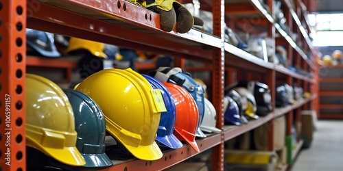 An organized storage rack lined with various colored safety helmets showcasing readiness and organization. photo