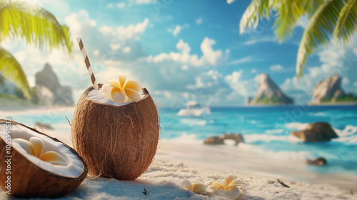 Tropical beach scene with coconut cocktail, frangipani flower, and paper straw, overlooking turquoise sea and distant islands