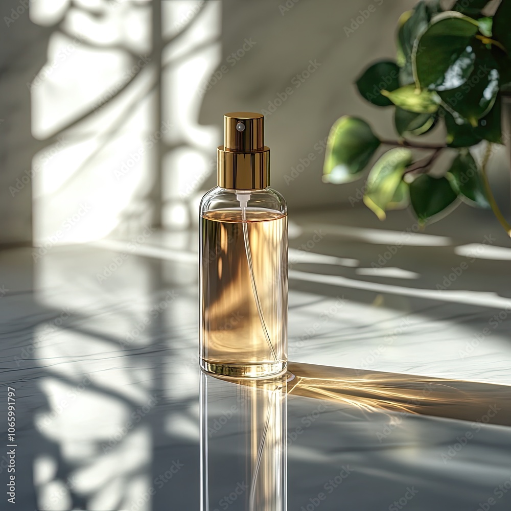 A photo of a cosmetic spray bottle mockup on a polished glass table. The high detail and gentle shadows create a chic and refined atmosphere, perfect for a luxurious presentation. A photo of a cosmetic spray bottle mockup on a polished glass table. The high detail and gentle shadows create a chic and refined atmosphere, perfect for a luxurious presentation.