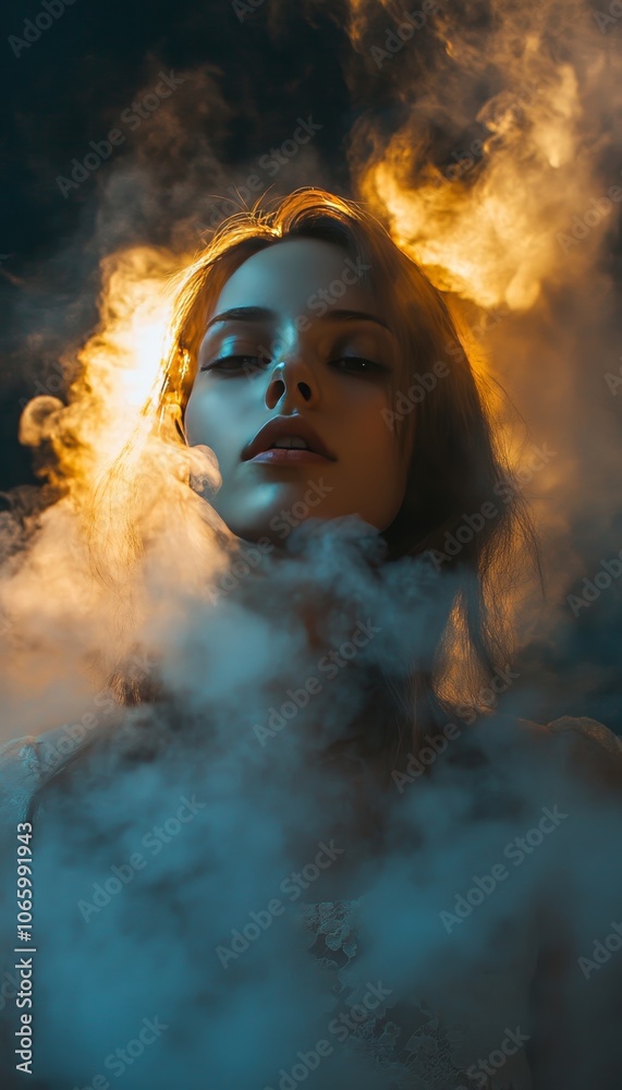 Mysterious portrait of a young woman surrounded by smoke with ethereal lighting effects Mysterious portrait of a young woman surrounded by smoke with ethereal lighting effects