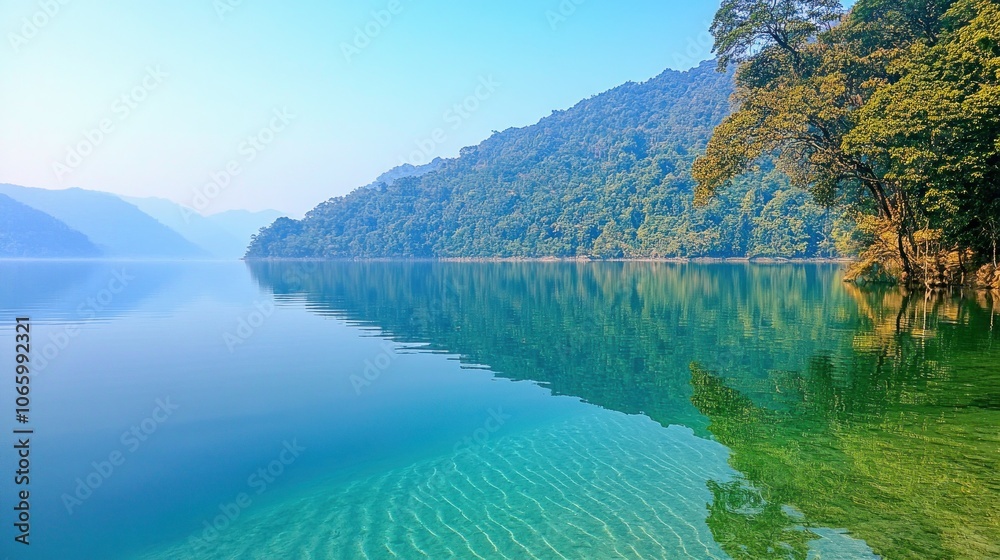 Naklejka premium Serene lake surrounded by lush mountains reflecting in calm waters under a clear blue sky.
