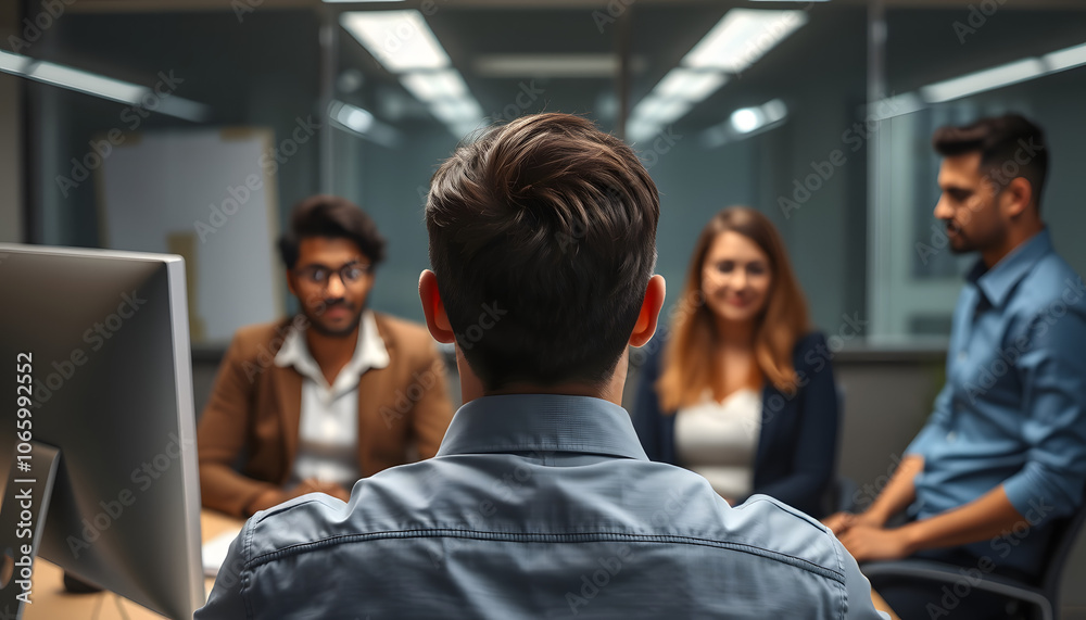 Fototapeta premium Rear view of stressed businessman suddenly realized problem mistake using pc with colleague in office, diverse team looking at frustrated coworker shocked by bad news online or unexpected dismissal 