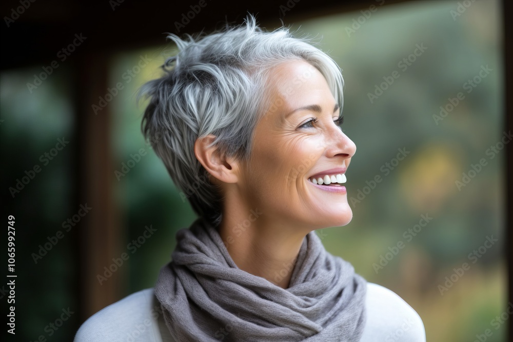 Portrait of happy senior woman in scarf looking out the window at home Portrait of happy senior woman in scarf looking out the window at home