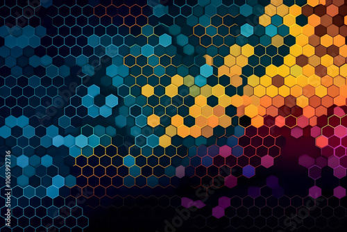 Dynamic Hexagonal Pattern with Gradient of Blues, Yellows, and Reds