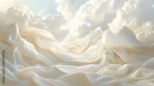 Vast panoramic fantasy cloudscape in ivory white colors, mesmerizing flowing ocean of surreal fabric folds stylized in renaissance inspired oil paint. Dreamscape. Illustration photo