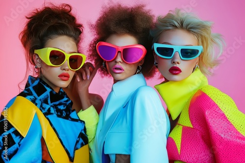 Vibrant 1980s fashion shoot  models showcase neon outfits and leg warmers in retro pop culture style photo