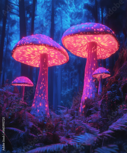 Magic mushrooms in a ethereal forest environment of pink, blue, blacklight neon glow - glowing shrooms On the forest floor - psychedelic fungi, trees, nature.